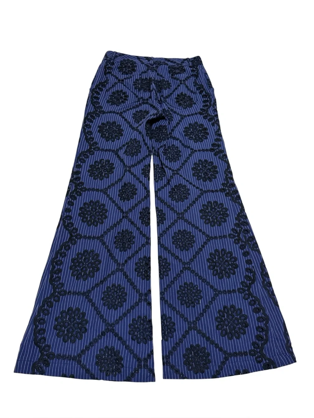 Anthropologie ETT TWA Blue & White Pinstripe Flare Pants Floral Cut Outs Size 2